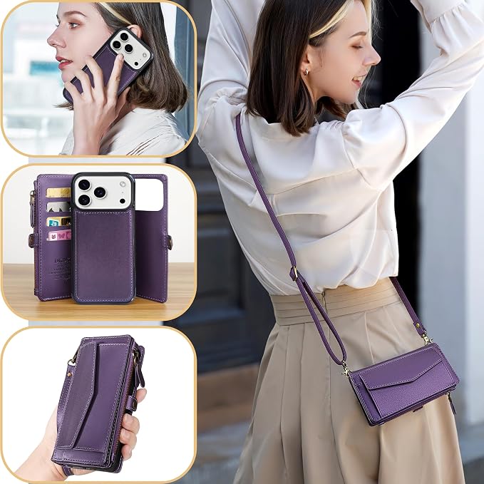 Compatible with iPhone 17 Pro 6.3" Wallet Case with RFID Blocking Card Holder for Women, PU Leather Flip Zipper Wallet Detachable Magnetic Phone Case Crossbody Strap, Purple