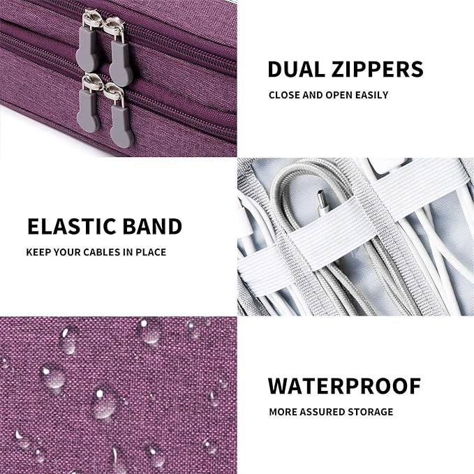 Lanola Travel Cable Organizer Bag, Electronic Accessories Case Portable Double Layer Cable Storage Bag for Cord, Charger, Flash Drive, Phone, SD Card,Personal Items - (Purple)
