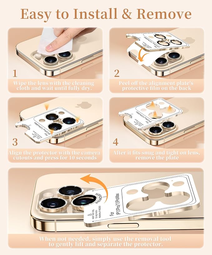 GolbinBox Camera Lens Protector for iPhone 13 Pro/13 Pro Max, 1:1 Invisible Fit, 9H Tempered Glass Ultra HD Metal Individual Camera Cover for Women, Case Friendly, Bling/Gold
