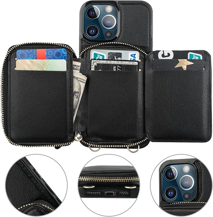Bocasal RFID Blocking Wallet Case for iPhone 13 Pro Max, Adjustable Crossbody Zipper Purse Case Card Holder with Kickstand Detachable Wrist Strap, PU Leather Flip Folio Case 6.7 Inch 5G (Black)