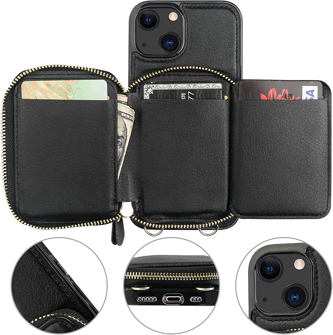 Bocasal RFID Blocking Wallet Case for iPhone 14 iPhone 13, Adjustable Crossbody Zipper Purse Case Card Holder with Kickstand Detachable Wrist Strap, PU Leather Flip Folio Case 6.1 Inch 5G (Black)