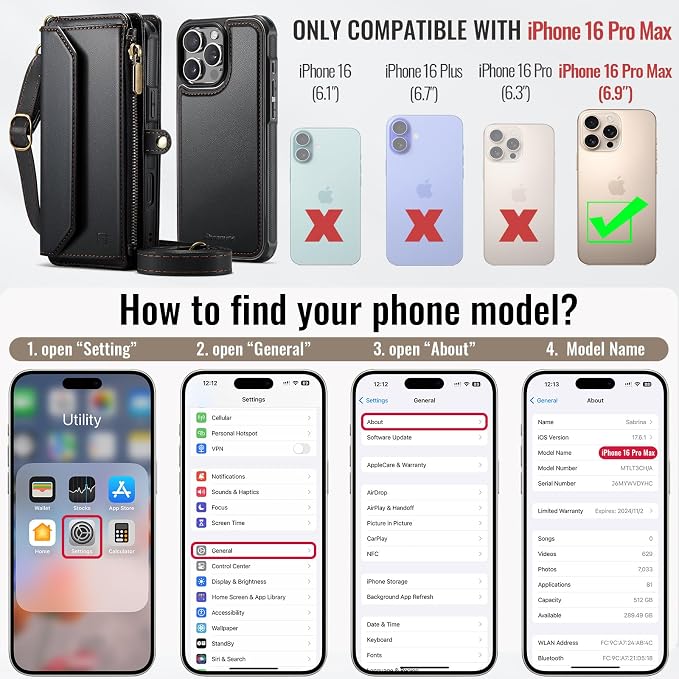 Strapurs for iPhone 16 Pro Max Detachable Wallet Case Compatible with Magsafe, RFID Blocking 9-Card Holder Zipper Strap Lanyard PU Leather Magnetic Phone Case for iPhone 16 Pro Max 6.9", Black