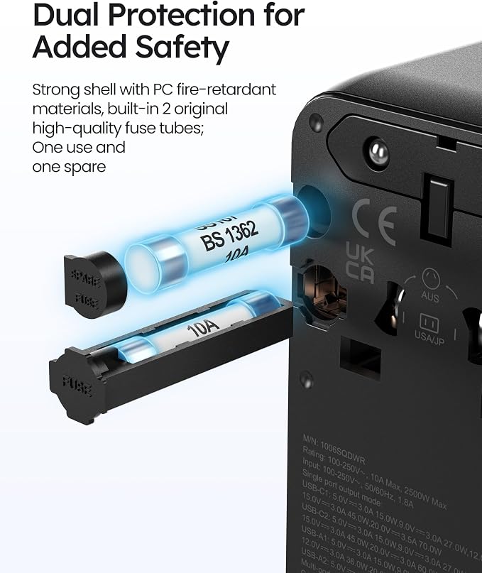 70W Universal Travel Adapter, Nekmit International Power Adapter with Retractable USB C Fast Charger Cable, 6-Port Travel Plug with 2 AC, 2 USB-A and 2 USB-C Ports Compatible with Over 200 Countries