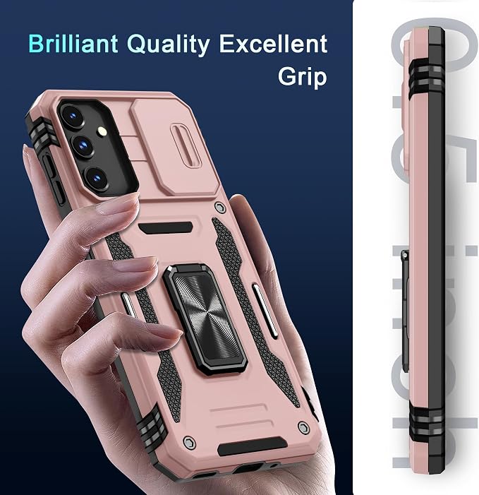 DEERLAMN Case for Samsung Galaxy A16 5G with Slide Camera Cover+Screen Protector (1 Pack), Rotated Ring Kickstand Military Grade Shockproof Protective Cover-Rose Gold