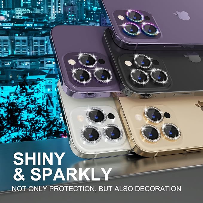 Choiche Compatible for iPhone 14 Pro/iPhone 14 Pro Max Camera Lens Protector Bling, 9H Tempered Glass Camera Cover Screen Protector Metal Ring Decoration Accessories (Diamond-Colorful)