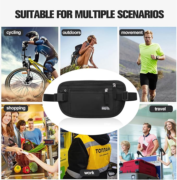 Small Unisex Money Belt For Men and Women, Slim Passport Holder RFID Blocking Travel Essentials Pouch with Adjustable Strap Small Waist Pouch for Workout Running Travelling Hiking, Black & 8 Sleeves