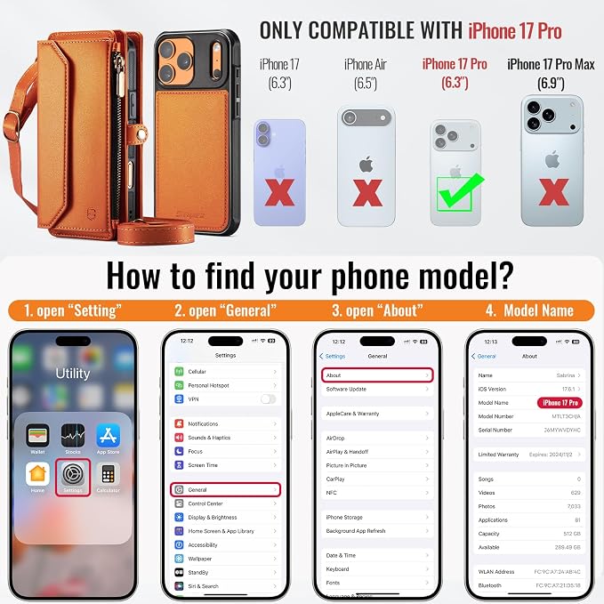 Strapurs for iPhone 17 Pro Detachable Wallet Case Compatible with Magsafe, RFID Blocking 9-Card Holder Zipper Wrist Strap Lanyard PU Leather Magnetic Phone Case for iPhone 17 Pro 6.3", Orange