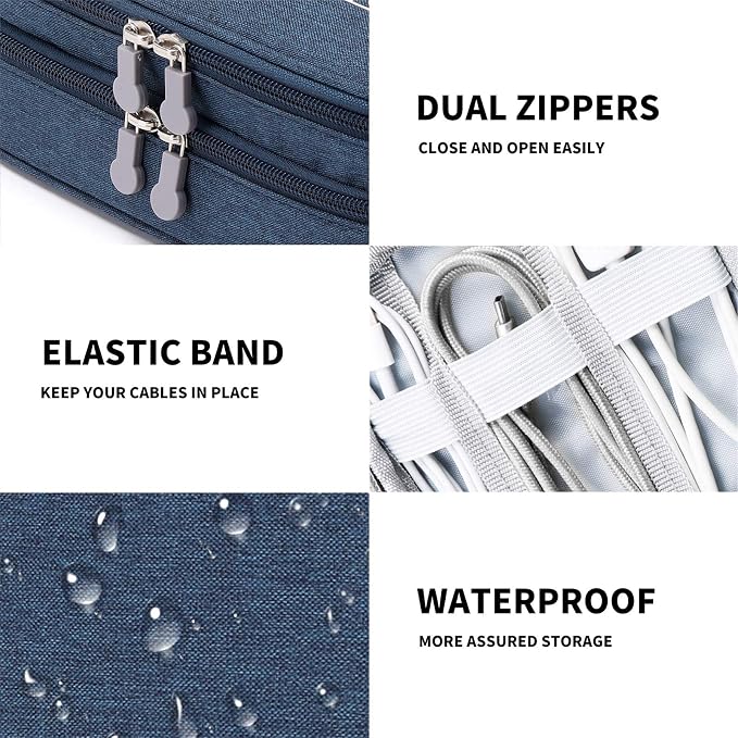 Lanola Travel Cable Organizer Bag, Electronic Accessories Case Portable Double Layer Cable Storage Bag for Cord, Charger, Flash Drive, Phone, SD Card,Personal Items - (Dark Blue)