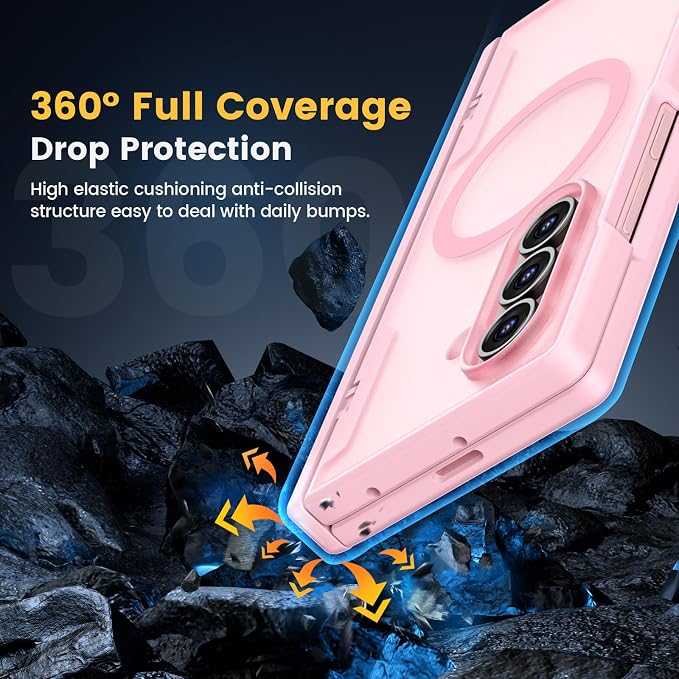 Caka Magnetic for Samsung Galaxy Z Fold 7 Case with Hinge Protection Pink | Compatible with MagSafe, Built-in Outer Screen Protector, Hinge Guard, Translucent Matte Back, 360° Hybrid Drop Defense