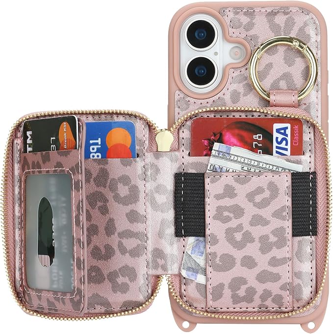 Crossbody Wallet Case for iPhone 17, PU Leather Zipper Handbag Purse Flip Cover, Kickstand Folio Case with Card Slots Holder Wrist Strap Lanyard 5G 6.3 Inch-Pink Leopard