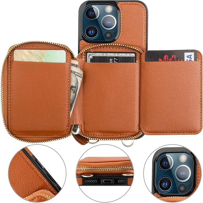 Bocasal RFID Blocking Wallet Case for iPhone 13 Pro, Adjustable Crossbody Zipper Purse Case Card Holder with Kickstand Detachable Wrist Strap, PU Leather Flip Folio Case 6.1 Inch 5G (Brown)