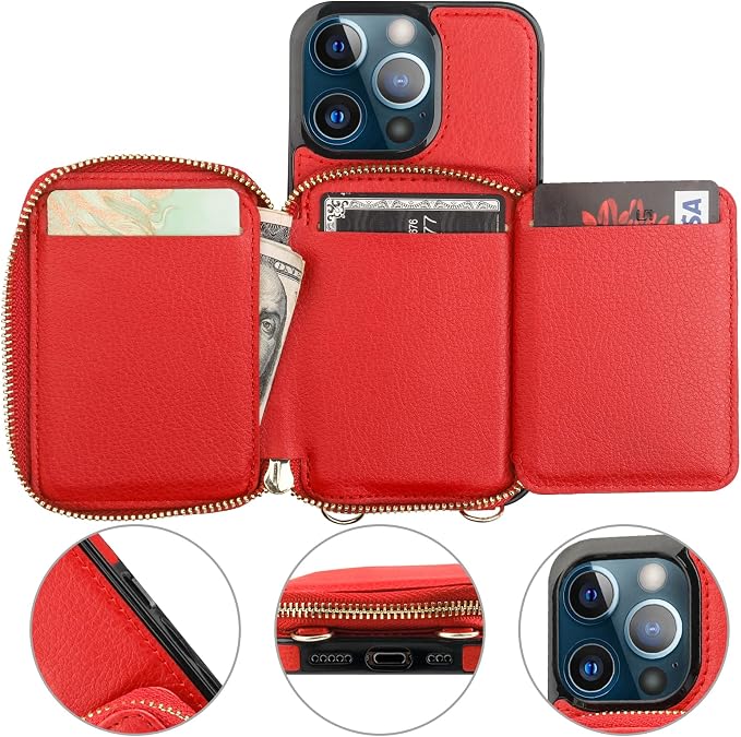 Bocasal RFID Blocking Wallet Case for iPhone 13 Pro, Adjustable Crossbody Zipper Purse Case Card Holder with Kickstand Detachable Wrist Strap, PU Leather Flip Folio Case 6.1 Inch 5G (Red)