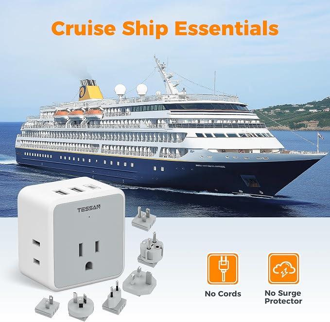 TESSAN 6-in-1 European UK Travel Plug Adapter Kit | 3 USB (1 USB C), 3 AC Outlets, Supports Type C, G, E/F, I, A, B, US to Europe UK Italy Australia Japan