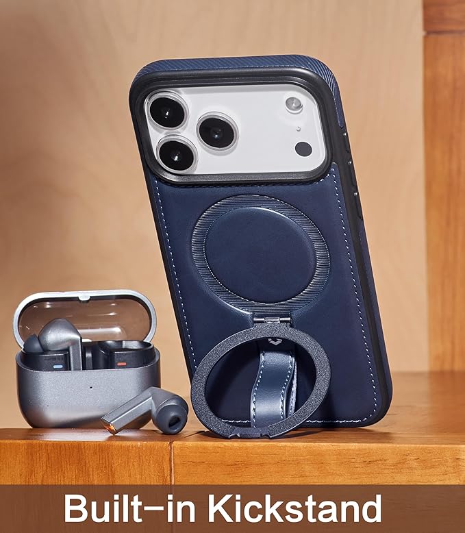 for iPhone 17 Pro Leather Case with Stand, Anti-Slip Grip Ring, Fits for MagSafe (Blue, iPhone 17 Pro)