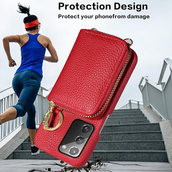 Wallet Case for Samsung Galaxy Note 20 5G with Shoulder Strap Ring Buckle, PU Leather Zipper Flip Organ Purse, Card Holder Stand Phone Cover for Note20 Notes 20s Twenty Not S20 Women Men Red