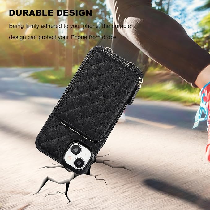 Bocasal Crossbody Wallet Case for iPhone 15 Plus, RFID Blocking PU Leather Zipper Handbag Purse Flip Cover, Kickstand Folio Case with Card Slots Holder Wrist Strap Lanyard 5G 6.7 Inch (Black)