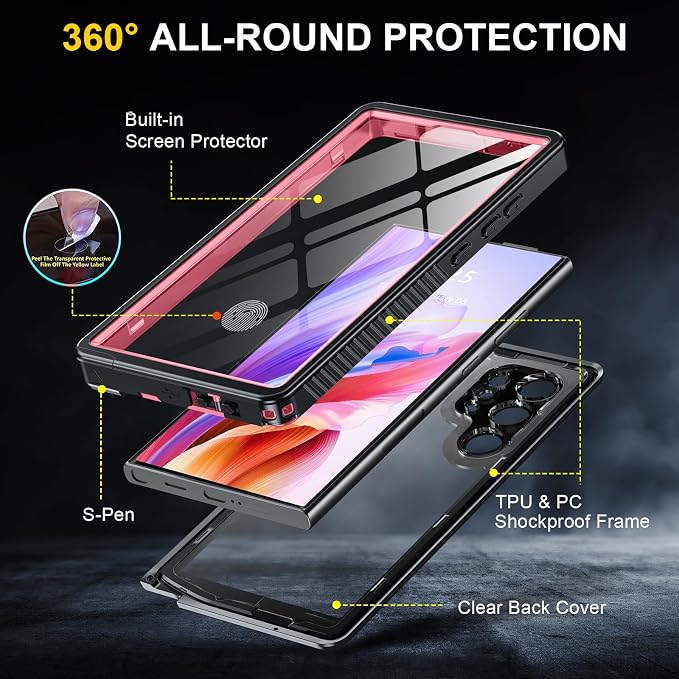 ANTSHARE for Samsung Galaxy S24 Ultra Case Waterproof, Built-in Lens & Screen Protector 360° Full Body Heavy Duty Protective Shockproof IP68 Underwater Case for Galaxy S24 Ultra(2024) 5G-Pink