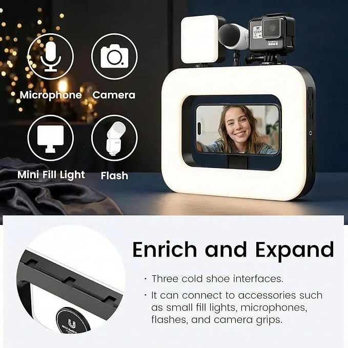 Ring Light for Phone, Magnetic Selfie Light with Tripod Stand, Rechargeable RGB Video Light, 10 Brightness Levels & 3 Cold Shoes for Recording, Vlogging, Influencers, Makeup