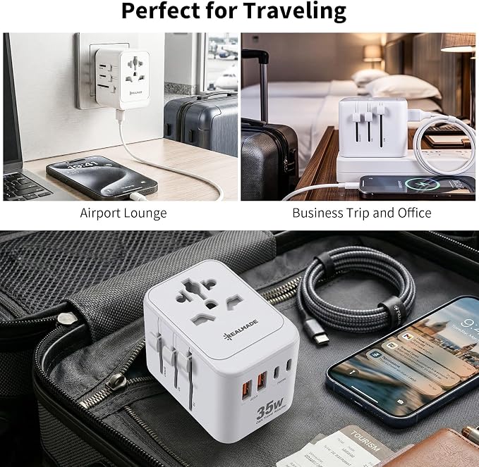Realmade 35W PD International All-in-One Travel Adapter, 2C+2A White 5-in-1 | 5-Port 1AC 2USB-A 2USB-C all-in-one international plug for EU US UK travel essential