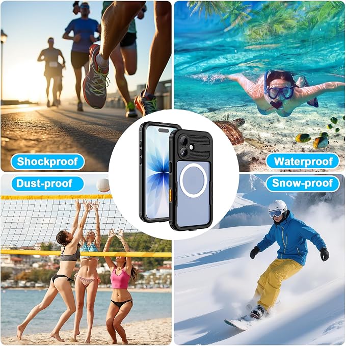 Waterproof Phone Case Compatible with iPhone 17, IP68 Waterproof Shockproof Dust-Proof Phone Case with Built in Screen Protector, Full Body Protective Case (Black, 17)