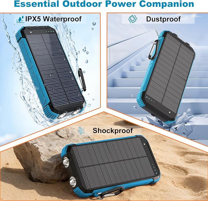 Solar Charger Power Bank 20000mAh, Wireless Fast Charging Battery Pack with 3 Built-in Cables & USB-C Input, Dual LED Flashlights, Portable Phone Charger for Camping, Travel & Emergency Use (Blue)