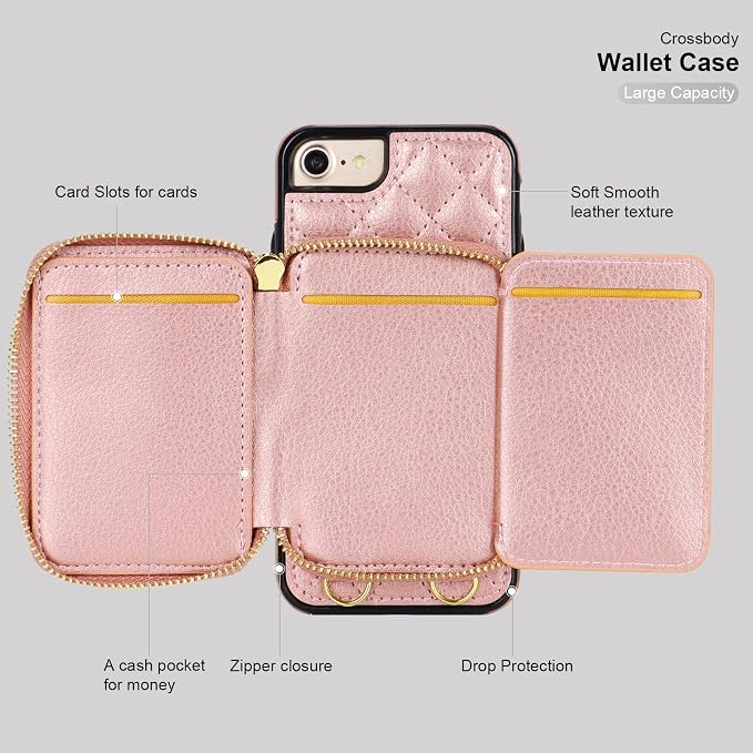 Bocasal Crossbody Wallet Case for iPhone SE 2022/SE 2020/8/7, RFID Blocking Leather Zipper Handbag Purse Flip Cover, Kickstand Folio Case with Card Slot Holder Wrist Strap Lanyard 4.7 Inch (Rose Gold)