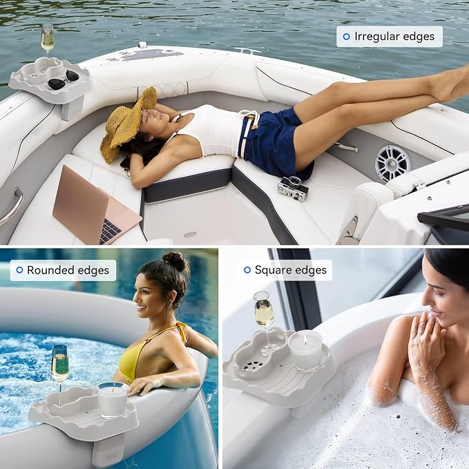 Anivia Hot Tub Table Tray, Adjustable Width 4.3" to 7.7" Hot Tub Accessories for Intex PureSpa, Nonslip Caddy Holds 2 Drinks, Keep Snacks-Drinks Handy and Dry, Fits Outdoor Inflatable Spa/Pool(Beige)