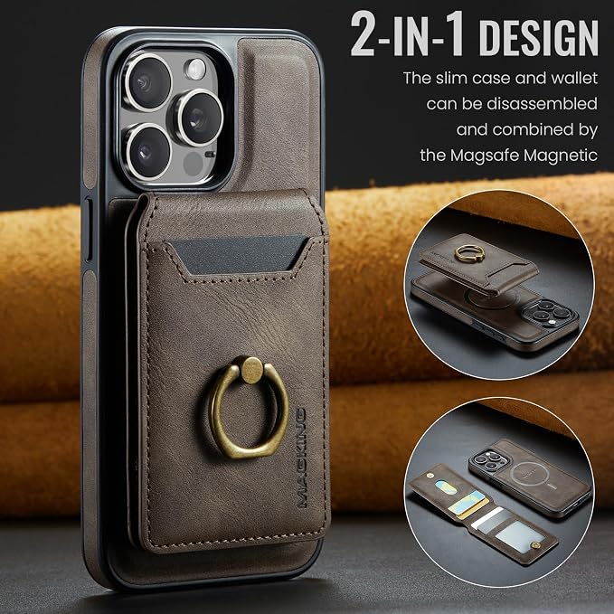 SZHAIYU 2 in 1 Detachable Magnetic Phone Cases Compatible with iPhone 14 Pro Max Case with Card Holder Ring , Compatible with Magsafe Wallet, Leather Men 6.7'' RFID Blocking (Coffee,iPhone 14 Pro Max)