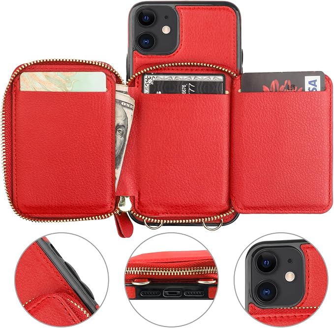 Bocasal RFID Blocking Wallet Case for iPhone 11, Adjustable Crossbody Zipper Purse Case Card Holder with Kickstand Detachable Wrist Strap, PU Leather Flip Folio Case 6.1 Inch (Red)