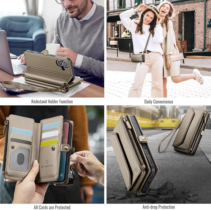 Strapurs Wallet Case Compatible with iPhone 16 6.1" RFID Blocking 7-Card Holder PU Leather Magnetic Snap Shoulder Strap Zipper Pocket Phone Case Fit for iPhone 16 for Women - Desert Titanium