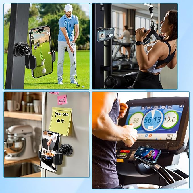 Gym Phone Holder 360 Rotation Golf Cart Phone Mount Magnet Phone Holder for Gym Fit 4.7-7 Inch Smartphone Gym Accessories for Women Men (Curved clamp Head Double Magnetic Attraction Type)