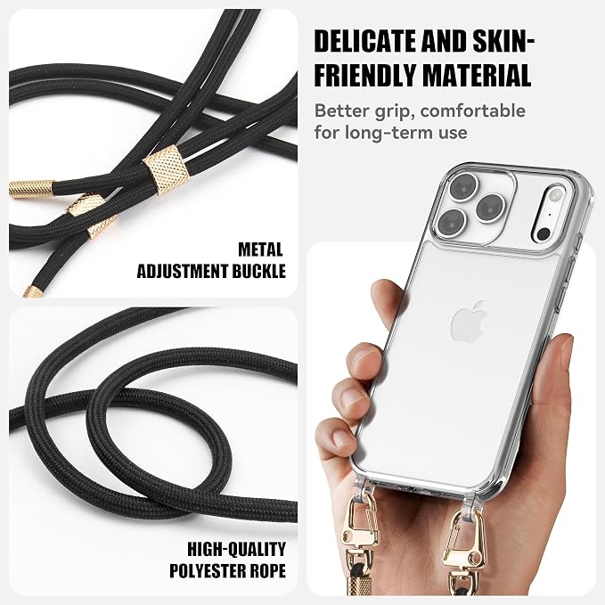 for iPhone 17 Case with Strap, Clear Shockproof Crossbody Phone Cover w/Removable Anti-Theft Adjustable Lanyard for Women, Travel, Shopping, Hiking (6.3", Black)