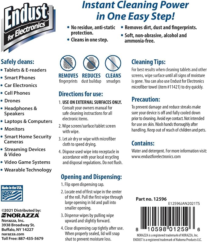 Endust For Electronics; Anti-Static Screen & Surface Cleaning Wipes; For Tablet, E-Reader, Monitor, Laptop, Phone, TV, and More; Pre-Moistened, Alcohol & Ammonia Free, 140 Wipes (Pack of 2)