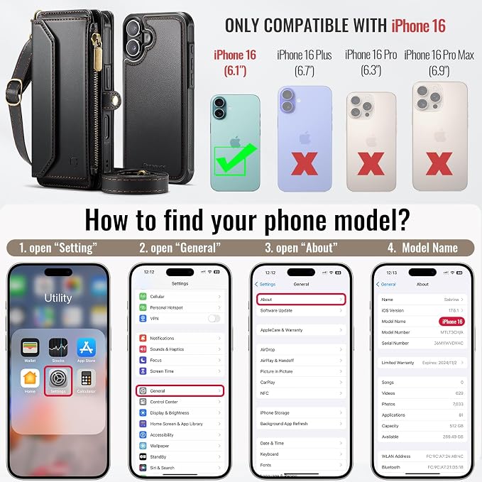 Strapurs for iPhone 16 Detachable Wallet Case Compatible with Magsafe for Women, RFID Blocking 9-Card Holder Zipper Wrist Strap Lanyard PU Leather Magnetic Phone Case for iPhone 16 6.1", Black
