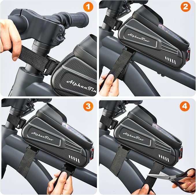 Bike Phone Holder Bag - Waterproof Bicycle Frame Bag Hard Case Large Capacity Top Tube Front Frame Cycling Mount Accessories Pouch, TPU Touch-Screen & Sun-Visor (Red Zipper)