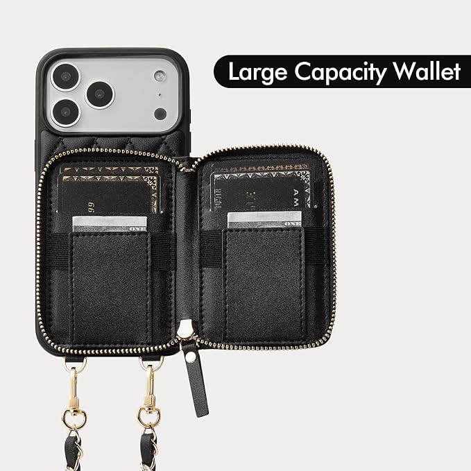 LAMEEKU for iPhone 17 Pro Max Wallet Case with Card Holder, Quilted Leather Crossbody Zipper Purse for Women 6.9'' Black