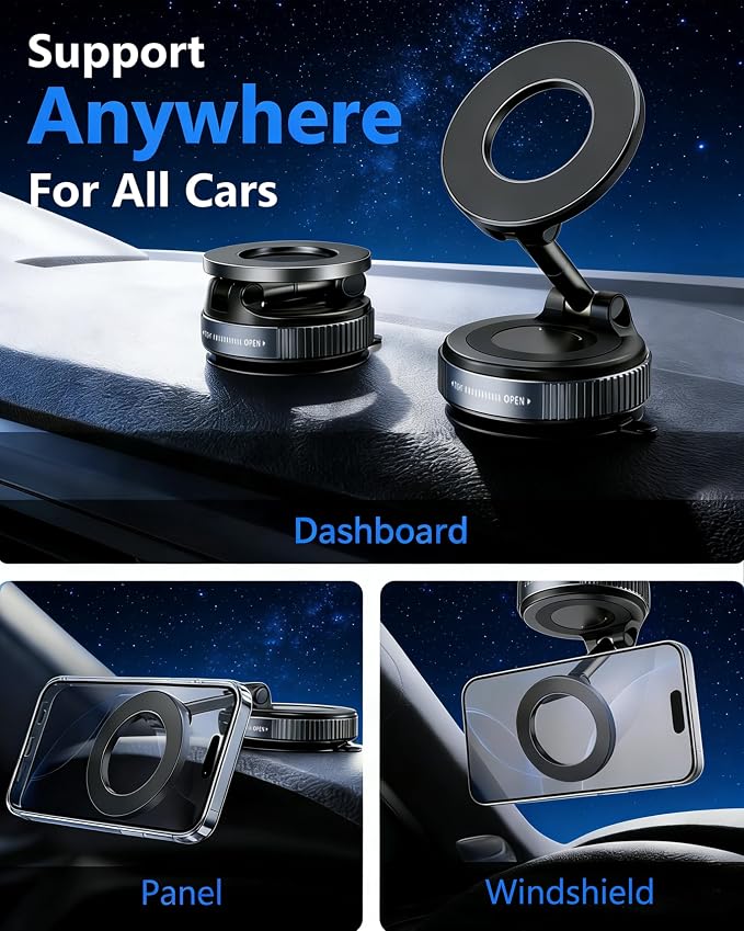Vacuum Magnetic Phone Holder for Car,2800gf Strong Magnetic Phone Mount,360° Adjustable & Reinforced Suction Cup for Dashboard/Mirror,Car Phone Holder Compatible with iPhone Androi(Deep Black)