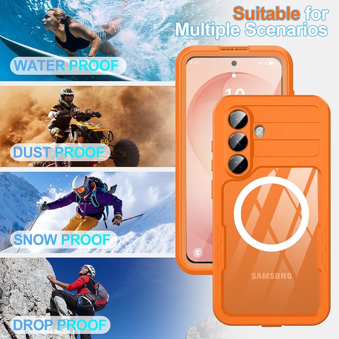 GOLDJU for Samsung Galaxy S26 Case Waterproof, Galaxy S26 Case with Built-in Screen & Lens Protector, Shockproof Full Body Protection Phone Case, Compatible with MagSafe/Wireless Charging, Orange