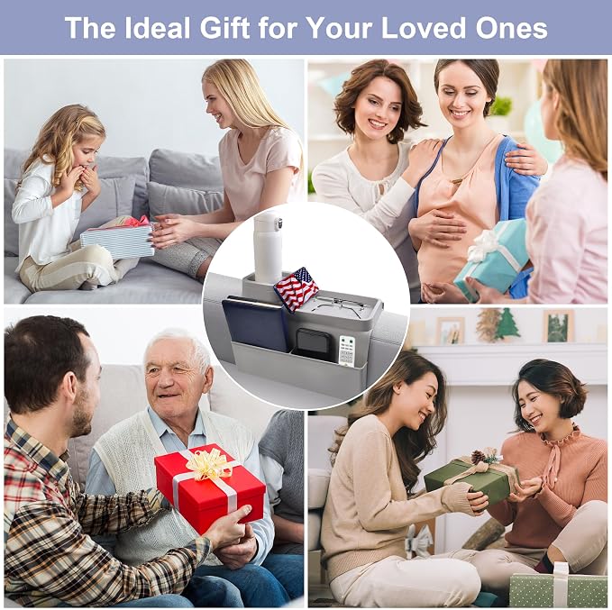 KindGa Couch Cup Holder Tray,Super Large Silicone Sofa Armrest Tray with Side Pockets,Anti-Slip Couch Caddy for Drinks/Phone/Remote/Snacks Sofa Table Organizer,Fathers Day Dad Gifts -Slate Gray
