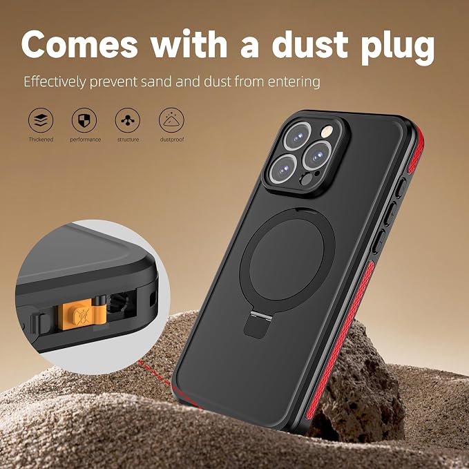 Omio for iPhone 15 Pro Max Waterproof Case with Stand Compatible with MagSafe, Full Body Magnetic IP68 Underwater Case Built-in Screen Protector Military Grade Shockproof Case for Men Women, Red