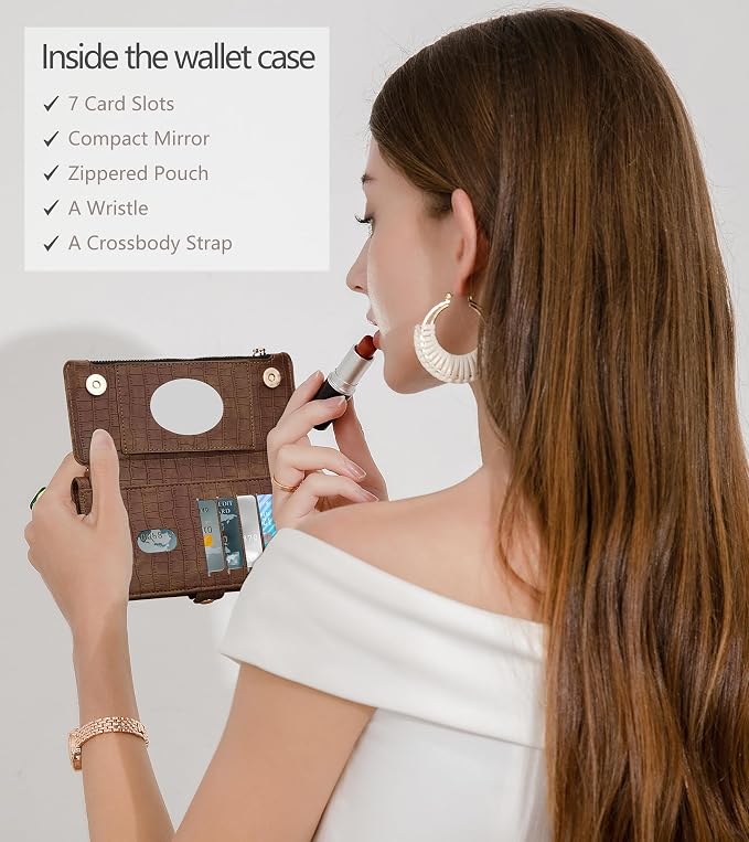Crossbody Wallet Case for Samsung Galaxy S26 Ultra with Mirror, Wrist Strap, Zipper Purse Magnetic Flip, RFID Blocking Card Holder, PU Leather Shockproof Women (Brown)