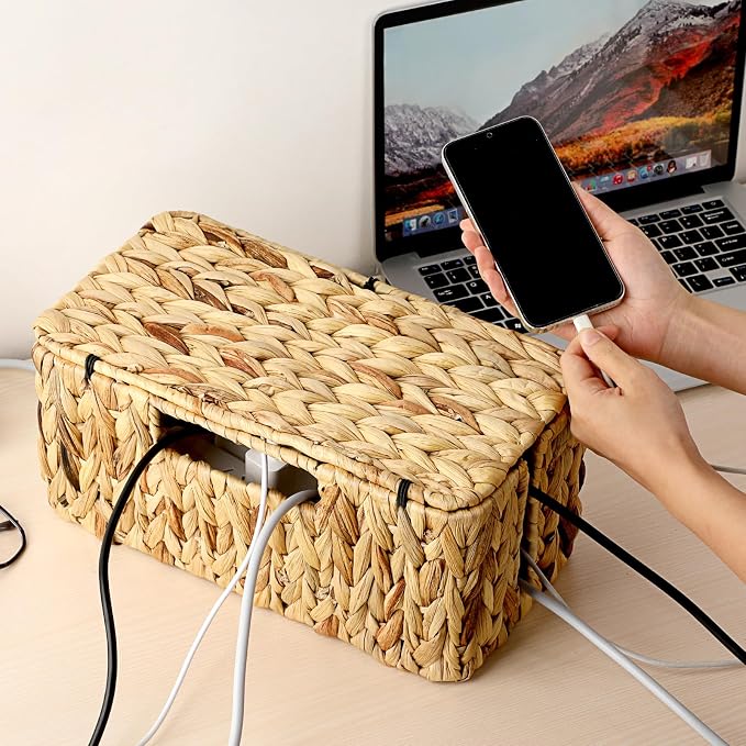 BTSKY Woven Cable Management Box with Lid, Water Hyacinth Cord Organizer for Desk, Cable Organizer Box with 2-Open Slots to Hide Power Strips USB Hubs for Home & Office, Pet Proofing Cord Basket, L