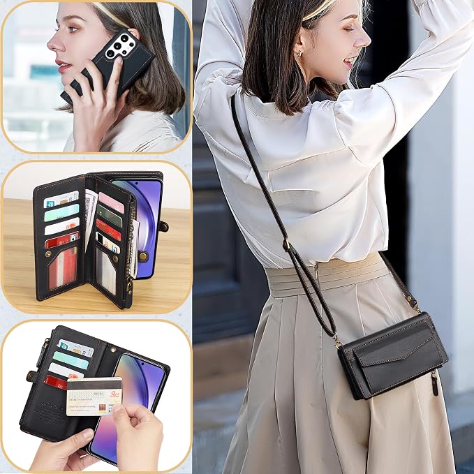 for Samsung Galaxy S25 Ultra Wallet Case for Women Men, Wireless Charging with RFID Blocking Card Holder, PU Leather Crossbody Strap Detachable Magnetic Phone Shell Purse, Black