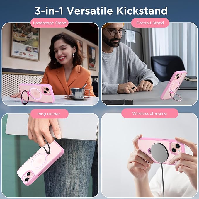 CACOE Magnetic Case for iPhone 13/14 6.1 inch with 360 Rotatable Ring Stand, Compatible with MagSafe Car Phone Mount, Cases Cover Phone Holder for Desk Meeting/Videos Pink