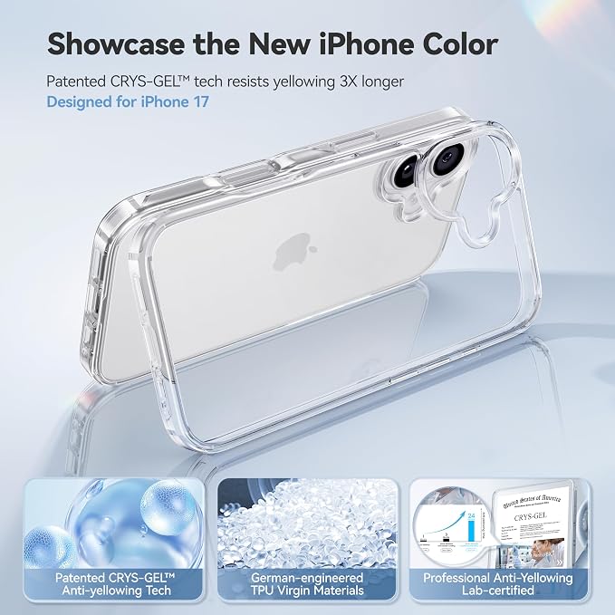CASEKOO for iPhone 17 Case Smooth Crystal Clear, Patented Anti-Yellow & Virgin TPU, 15FT Military-Grade Drop Protection, Slim Transparent Women Men Funda para for iPhone 17 Phone Case 6.3 inch, Clear