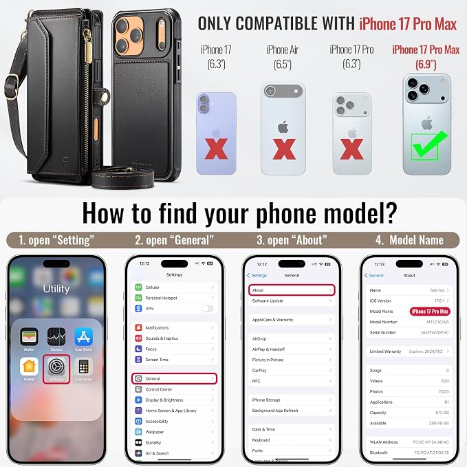 Strapurs for iPhone 17 Pro Max Detachable Wallet Case Compatible with Magsafe, RFID Blocking 9-Card Holder Zipper Strap Lanyard PU Leather Magnetic Phone Case for iPhone 17 Pro Max 6.9", Black