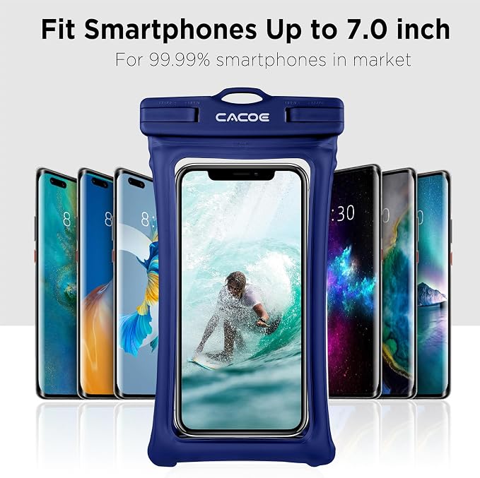 CACOE Universal Waterproof Phone case 2 Pcs-Up to 7.0",Phone Pouch with Adjustable Neck Lanyard,IPX8 Cellphone Dry Bags for Beach Pool Swimming (Black+Dark Blue, Up to 7.0"-Floatable)