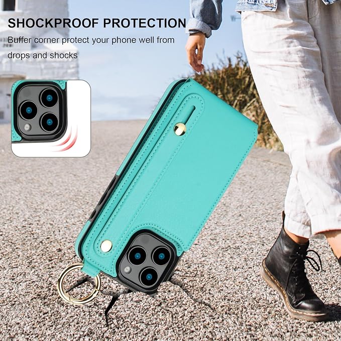 Folosu for iPhone 16 Pro Max Wallet Case with Card Holder, Hand Wrist Strap Loop Holder Kickstand, RFID Blocking Finger Grip Ring PU Leather Double Buttons Shockproof Cover 6.9" Green