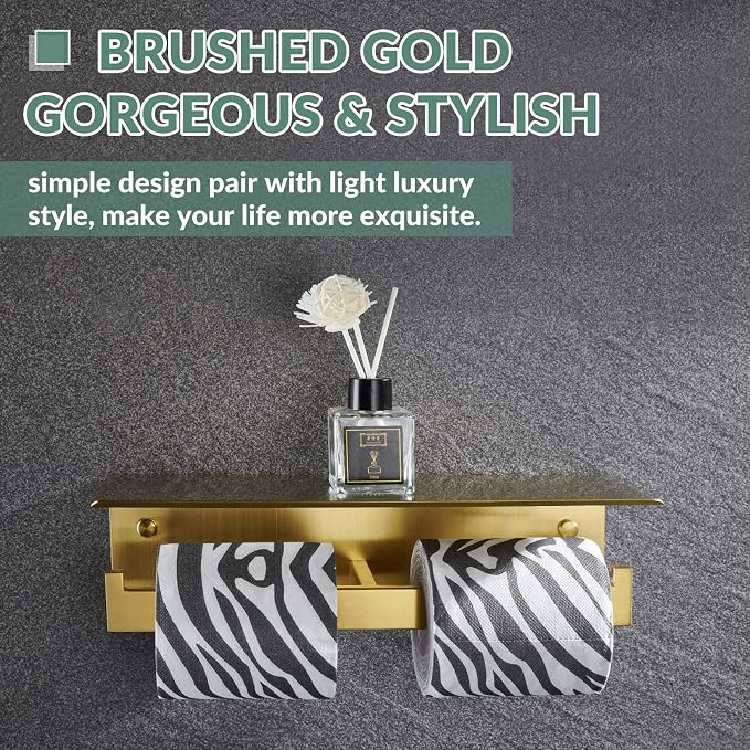 APLusee Brushed Gold Double Toilet Paper Holder with Shelf, Heavy Duty 304 Stainless Steel Tissue Holder for Bathroom with Storage, Commercial Paper Roll Dispenser Wall Mounted