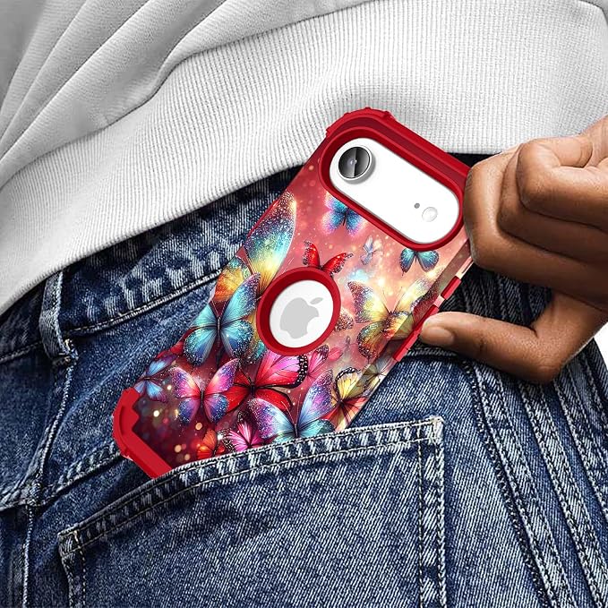 Hocase for iPhone Air Case 6.5", Heavy Duty Shockproof Protection Soft Silicone Rubber+Hard Plastic Bumpers Hybrid Protective Case for iPhone Air 2025 - Shimmering Butterflies in Red